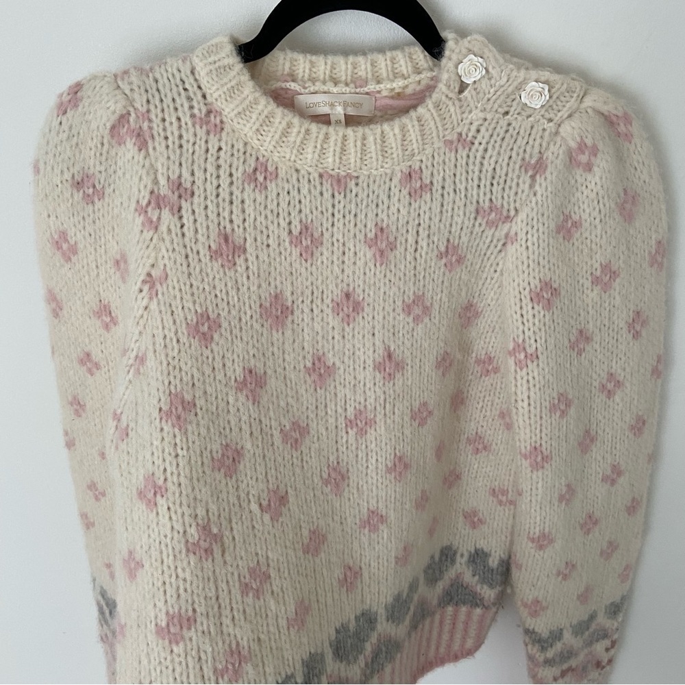 LoveShackFancy Rosie Pullover Sweater Alpaca Pink Cream Fair Isle Milky - Picture 4 of 12